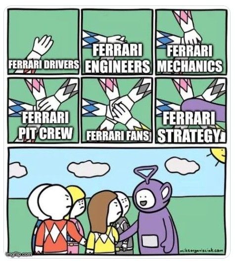 Когда странные стратеги решили присоединиться к дружной компании из пилотов, инженеров, механиков и болельщиков Ferrari&hellip; &copy; Соцсети