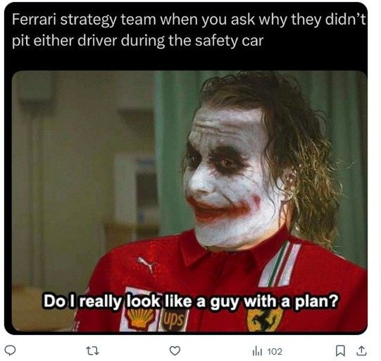 Типичный стратег Ferrari: &laquo;Я похож на человека, у которого есть план? Ты знаешь, кто я? Я пёс, бегущий за машиной - я бы не знал, что делать, если бы догнал, так что я просто делаю и всё&raquo;. &copy; Соцсети