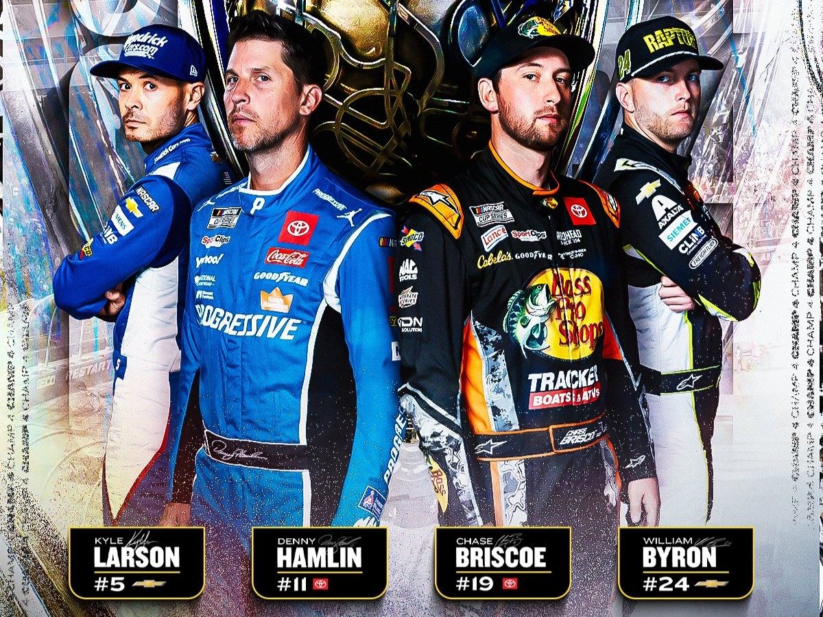 Четверка финалистов NASCAR Cup Series 2025 года: Кайл Ларсон (Hendrick Motorsport), Денни Хэмлин (Joe Gibbs Racing), Чейз Бриско (Joe Gibbs Racing), Уильям Байрон (Hendrick Motorsport). &copy; NASCAR